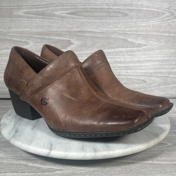 Born Shoes - Born Kinney Boots Womens 10 Brown Leather Slip On Shoes Square Toe Ankle Booties